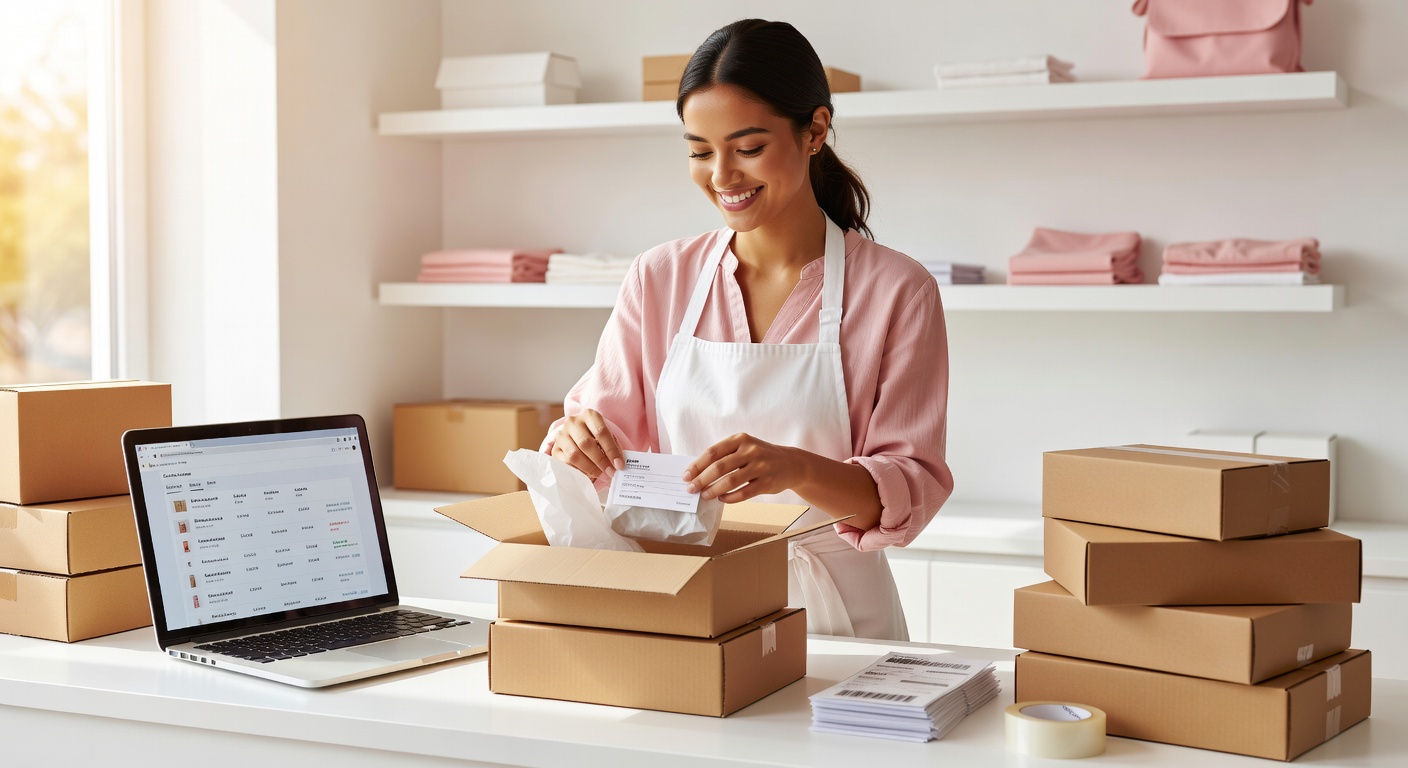 An online store owner packing ecommerce parcels at a sunlit counter